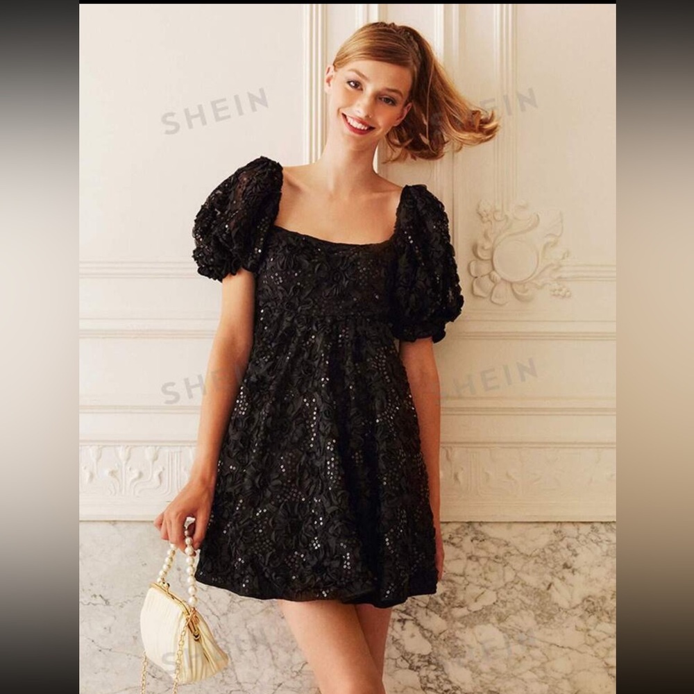 Shein Black Puff Sleeve Babydoll Sequin Dress Size L